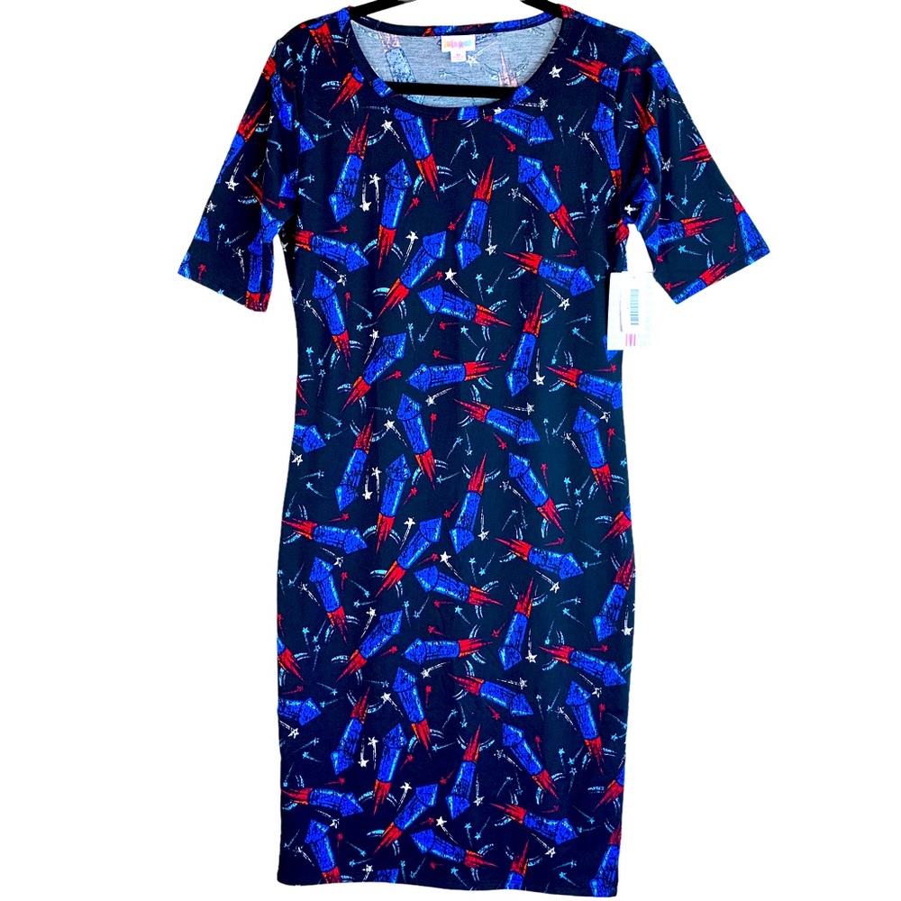 LuLaRoe Americana Rockets Fireworks Julia Dress Fitted July 4th Red Blue